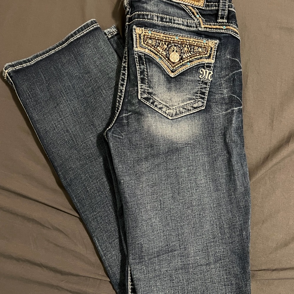 Miss Me Dark Blue Boot Cut Jeans with Embellished Pockets